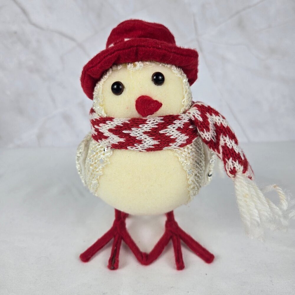 Fabric Bird with Red and White Hat and Scarf Red Feet Freestanding Sequins